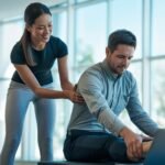 Stretchmasters stretch therapist performing assisted stretch on office worker