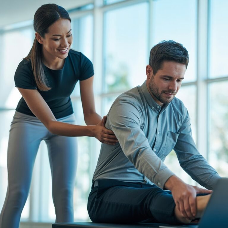 Stretchmasters stretch therapist performing assisted stretch on office worker