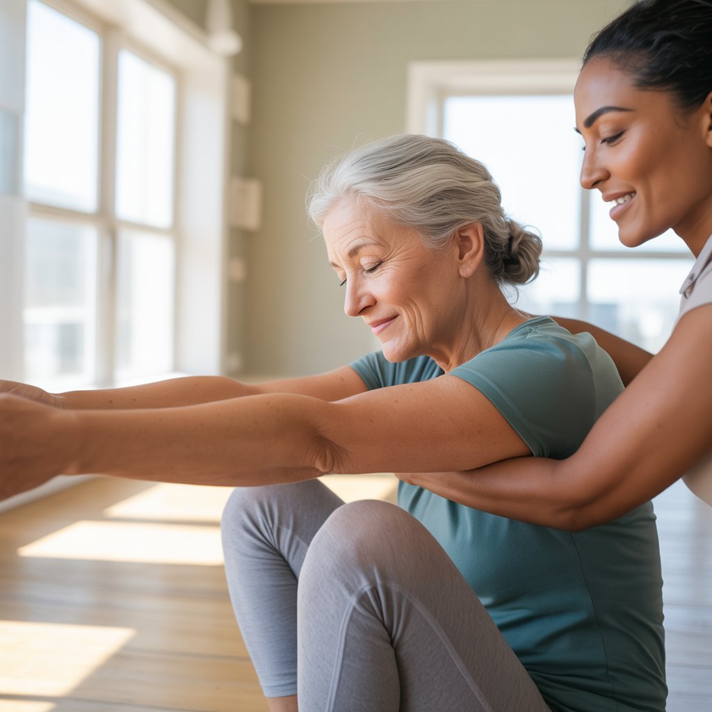 image of an older woman receiving assisted stretching from a stretchmasters stretch therapist.