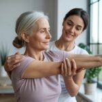 image of a senior being gently stretched by a stretchmasters therapist in a modern studio