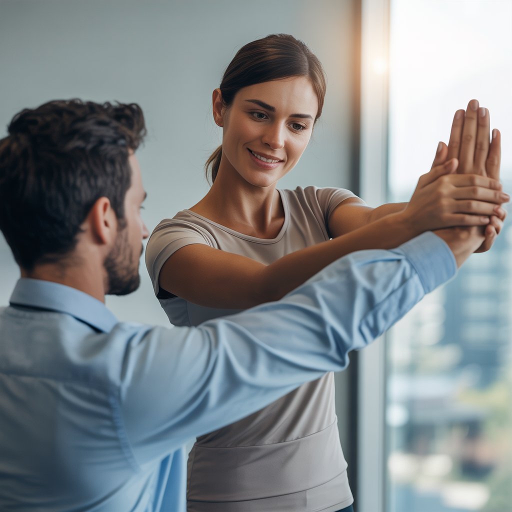 professional stretch therapist guiding an office worker through assisted stretch 